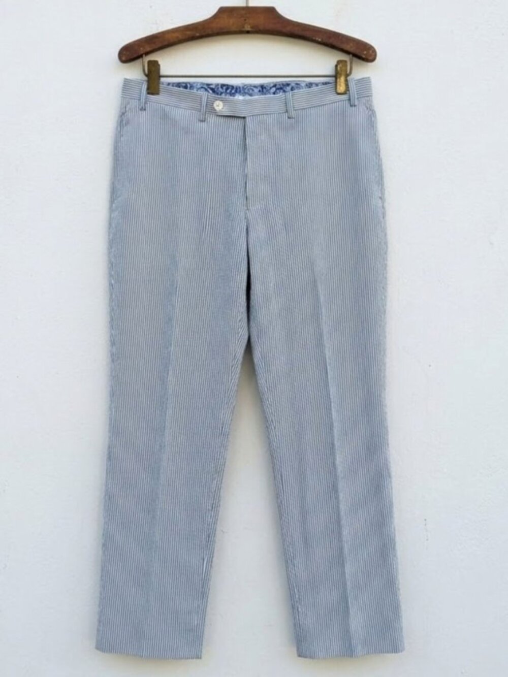 Men's Lauren Ralph Lauren Seersucker Pants 36 x 32 Blue Beige Striped Flat Front
